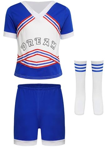 iiniim Kinder Cheer Leader Kostüm Jungen Mädchen Cheerleading Uniform Kurzarm T-Shirt mit Shorts Socken Karneval Fasching Tanzkostüm Blau 146-152