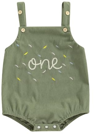 Geagodelia Infant Baby Girl Boy 1st Birthday Romper Sleeveless Letter Embroidery Jumpsuit Square Neck Baptism Button-up Corduroy Bodysuit Newborn Baby First Birthday Outfits