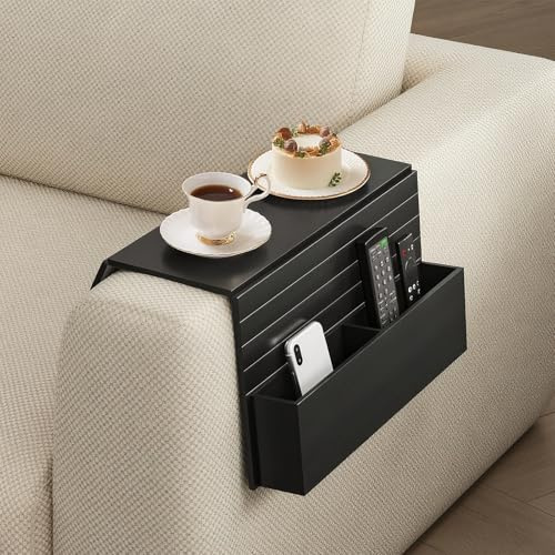 Peiaw Bambus-Sofa-Armlehne mit Getränkehalter und Ablagefach,Faltbares Bambus-Sofatablett,Sofa-Aufbewahrung,Passend für Alle Arten von Sofas, Zuhause und Büro (Schwarz)