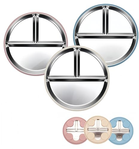 Lot de 3 assiettes plates en acier inoxydable, avec base à ventouse en silicone, 22,9 cm, antidérapantes, plateaux avec 3 sections, plateau à compartiments polyvalents, assiettes en métal 304 en acier