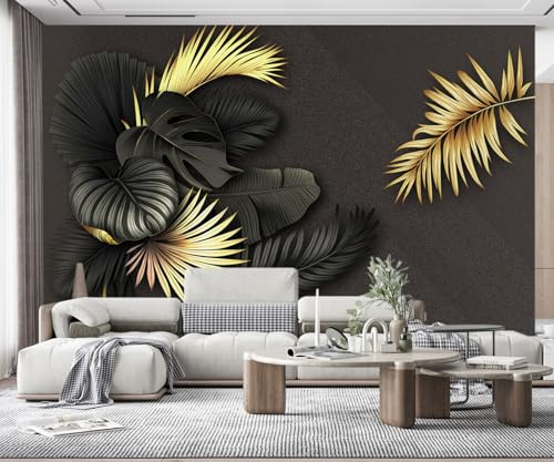 Mural Wallpaper Black and Golden Leaves Wallpaper 3D Effect Murals for Bedroom and Living Room Wall Decoration -KX03470, 350x250cm