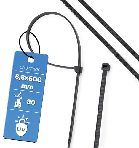 EDO Cable Ties 8,8x600mm Black 100pcs - Nylon PA66, 80kg Tensile Strength, UL94 V2, Halogen-Free, UV-Resistant - Self-Locking, Zip Ties for Cable Management, Electrical, Automotive & DIY
