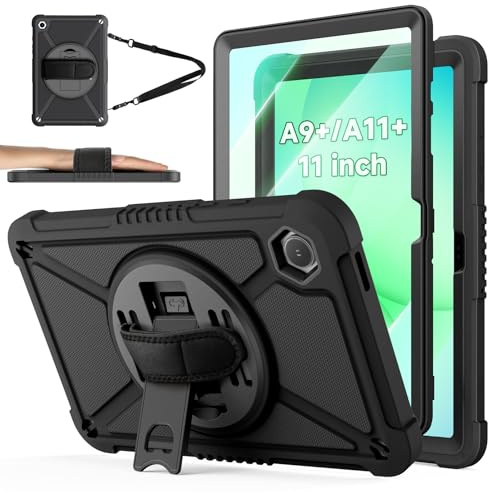 ZtotopCases Case for Samsung Galaxy Tab A11 Plus / A9 Plus 11'' 2023/2025 | 360° Stand & Hand Strap, Adjustable Shoulder Strap, Drop-Proof PC+TPU Frame, Screen Protector, for Tab A9+/A11+, Black