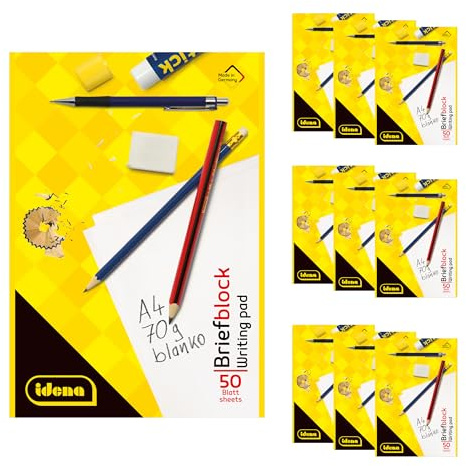 Idena 90430 - Block blanko A4, 10 Stück, Schreibblock mit 50 Blatt und ohne Rand, 70g/m² Papier ungelocht und kopfgeleimt