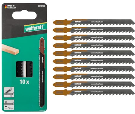wolfcraft 10 Stichsägeblätter, schneller Schnitt - HCS-Blatt mit T-Schaft – ideal für Dachlatten und andere Weichhölzer - Schnitttiefe 50mm - made in Germany - 8010100