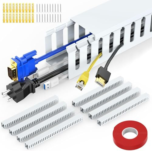 Open Slot Wiring Raceway Cable Duct, 123in Cable Management Channel Cord Track,Desk Wire Channel, Under Desk Cable Management to Hide Cables, Wires for Computers (White, 1.97 Hx1.97W, 15.4''L(8 Pc))