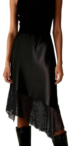 Faymlc Women Lace Trim Satin Maxi Skirt Y2k Long Silk Slip Skirt Asymmetrical Slit Flowy Satin Midi Skirts (Irregular Hem Black, S)