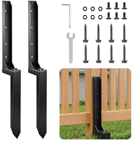 SakerNeo Fence Post Repair Kit – Heavy Duty Steel Fence Post Anchor for Leaning or Broken Posts, Fence Post stabilizer with Screws & Tool,32inch(2 pcs)