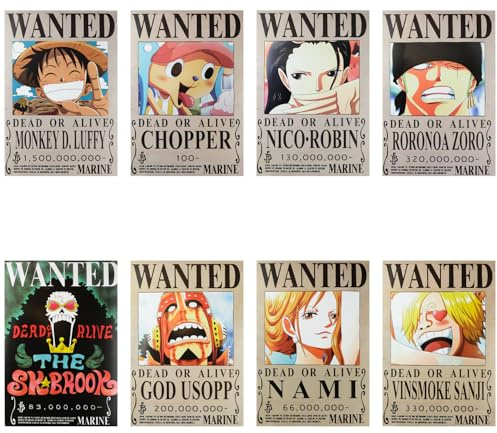 Aristo Solutions Lot de posters recherchés One Piece - Pack de 8 - 42 x 28,5 cm - Décoration murale anime manga pour chambre - Pirates au chapeau de paille avec Luffy, Zoro, Sanji, Nami, Robin