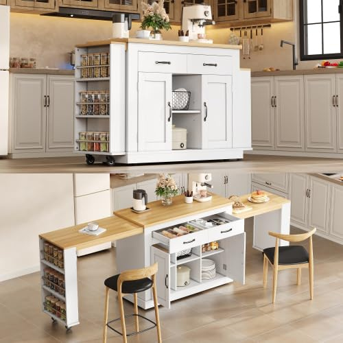 kozamas Carrello da cucina con due piani di lavoro estraibili, tavolo mobile su ruote, 2 cassetti e scaffali, connettori USB/220 V, MDF bianco, 142 – 340 x 55 x 93 cm