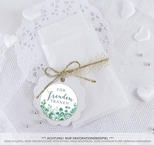 Freuden Tränen Taschentücher Set zur Hochzeit Klein 24 Sticker + 24 Flachbeutel Pergamin 63 x 93mm Freudentränen Taschentuch Verpackung GRÜN WEIß BOHO HIPPIE EUKALYPTUS BLÄTTER ZWEIGE 4cm matt rund