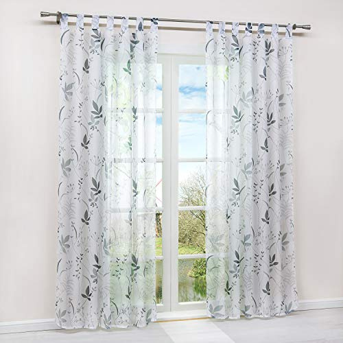 HongYa 1 Stück Schlaufenschal Transparenter Vorhang Voile Gardine Schal mit Schlaufen H/B 175/140 cm Blatt Muster