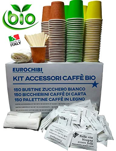EUROCHIBI KIT Accessoires CAFÉ Bio avec 150 SACHETS DE Sucre + 150 GOBELETS en Papier + 150 AGITATEURS en Bois Ligne BIODÉGRADABLE COMPOSTABLE Recyclable