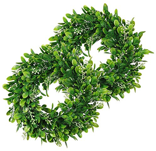 LSKYTOP 2 Pack Artificial Boxwood Wreath Round Green Leaves Door Wall Window Decoration,11Inch/PC