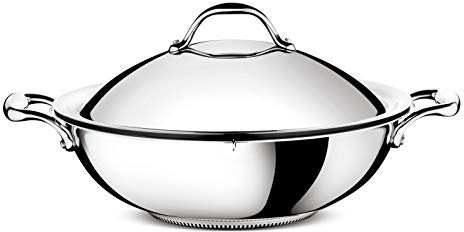 Lagostina Accademia Lagofusion Wok + Coperchio Acciaio Inox 18/10 Ø 36 cm 6.9 L, Pentola Induzione Gas e Forno fino 250 °C, Finitura Lucida Esterna, Satinata Interna, Manici Rivettati, Fondo 5 Strati
