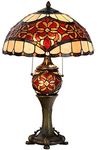 Bieye L10802 Baroque Tiffany Style Stained Glass Table Lamp Lighted Base for Living Room Bedside Home Decoration (16-inch, Red)
