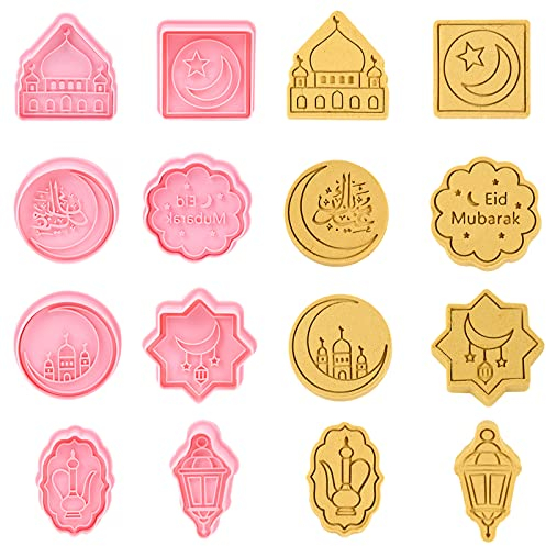 Eid Mubarak Ausstechformen - 8 Stück 3D Muslim Ramadan Keksstempel Set Keksform DIY Backwerkzeug für Kuchen Fondant