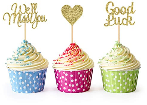 Morndew 24 PCS Gold Glitter We Will Miss You Good Luck Heart Cupcake Toppers for Office Work Party Going Away Party Farewell Party Retirement Party Anniversary Celebration Party Decorations