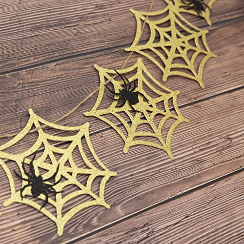 Halloween Spider Web Garland – Gold Glitter Spider Web Banner with Black Spider, Halloween Decoration Indoor, Spider Web Banner for Fireplace Mantle, Halloween Wall Decor Hanging Banner