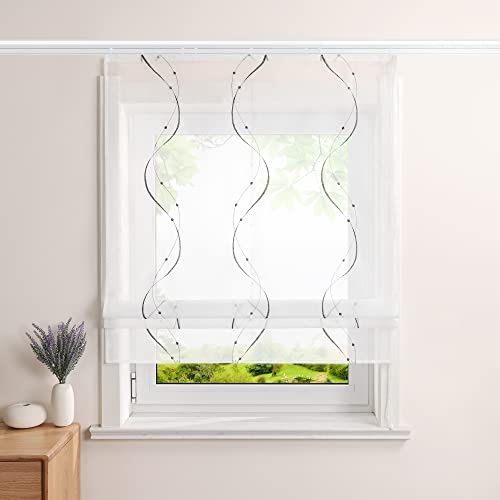 Heichkell Voile Raffrollo, Vorhang mit Stickerei, Grau BxH 120x140cm | Rollo mit Klettband, Transparent Raffgardinen, Wohnzimmer Gardine