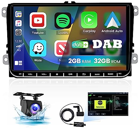 DAB+64G Autoradio Android Wireless Carplay für VW Tiguan Touran Golf 5 Golf 6 Skoda Polo Passat mit Android Auto, 9 Zoll Bildschirm Autoradio mit Navi HiFi Bluetooth FM/RDS SWC Rückfahrkam