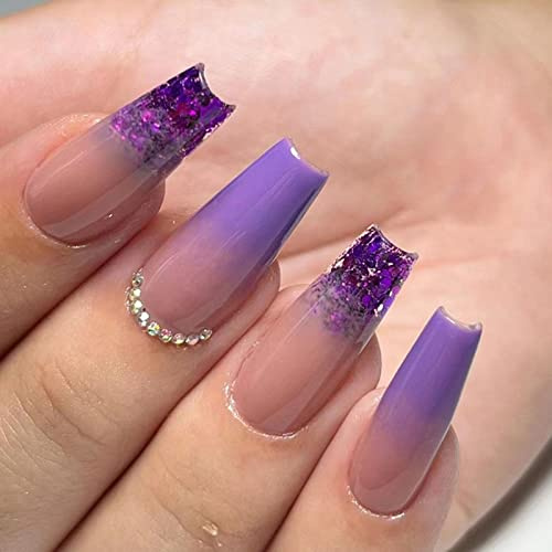 Press on Nails Nägel zum Aufkleben, 24 Stück Mittellang Viereckig French Künstliche Nägel, Glänzend Französischer Tipp Kunstnägel Lila Acryl Fingernägel Fake Nails für Frauen Mädchen