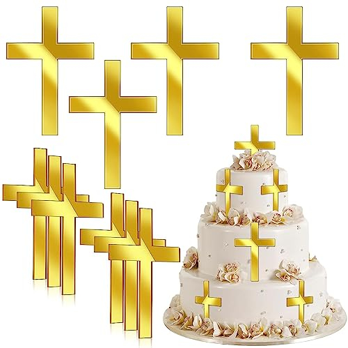 LWAIX Topper per Torta a Forma di Croce in Acrilico Decorazione per Torte Battesimo Oro 10 x 7 cm per Matrimoni Compleanni Feste Comunioni (10PCS)