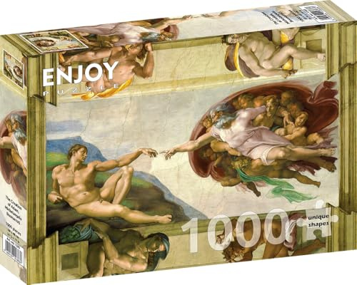1000 Pieces Jigsaw Puzzle – Matte Finish, Soft Touch, Sturdy and Unique Pieces, Tight Fit, Vivid Colors, Missing Pieces Service – Adam Creation Michelangelo Famous Renaissance Painting by ENJOY Puzzle