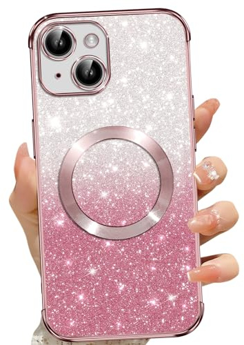 Phoona Cover Magnetica per iPhone 15 Plus, Glitter Custodia Compatibile con MagSafe, Anti Graffi, Non Ingiallente, Protezione Completa Case iPhone 15 Plus, con 2 Vetro Temperato, Rosa