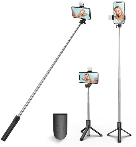 HCTian Selfie-Stick-Stativ mit Licht, ausziehbar, um 360° drehbar, Stativständer mit Abnehmbarer kabelloser Fernbedienung, tragbar, 3-in-1-Handyhalterung, kompatibel mit iPhone, An