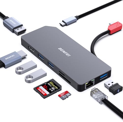 BENFEI Estación de Acoplamiento 9 en 1, Docking Station Hub USB C MST a HDMI DisplayPort Monitor Dual/3xUSB Tipo-A/1xUSB Tipo-C (10Gbps+100W PD)/Lector de Tarjetas SD/TF/1xRJ45 con MacBook Pro/Air