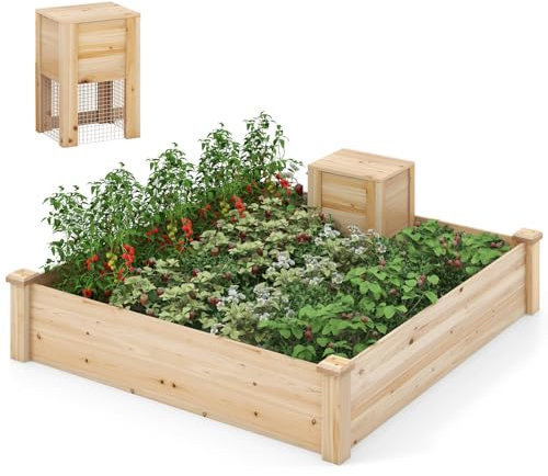 TANGZON Raised Garden Bed with Compost Bin & Open-ended Bottom, 124 x 124 x 26 cm Wood Planter Box Kit for Vegetables Flowers Herbs Fruits, Elevated Square Planting Bed for Backyard Patio