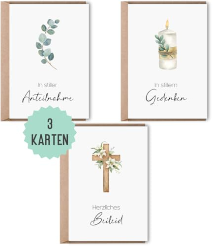 3 x Beileidskarten mit Umschlag | Set Trauerkarte für Beerdigung | Premium Karten Anteilnahme | Klappkarten Beileid bekunden Glückwunschkarten (Trauer)