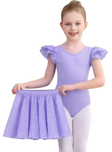 Comfyouth Costume da balletto per ragazze e bambini, con maniche a volant e gonna rimovibile, viola., 2-3 Anni