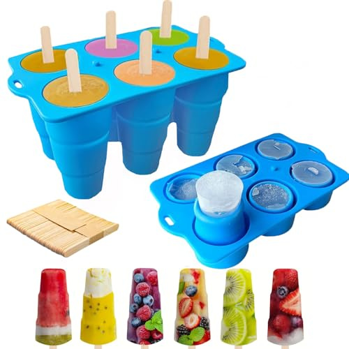 Faltbare Eisformen, 6 Eisformen Popsicle Formen Set, Ice Lolly Mold Silikon-Ice-Pop-Maker, BPA-freie, Leicht zu Entformen, Leicht Reinigen und Speichern (Blau)