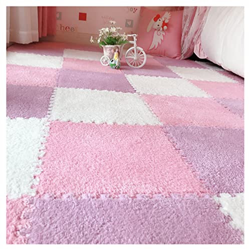 Quadratischer Plüschteppich, ineinander greifende Plüschschaum-Teppichfliesen, 10-teilig, 30,5 x 30,5 cm, quadratische Fußmatten mit Rand, flauschige Puzzle-Spielmatte, Farbschema Rosa-Lila-