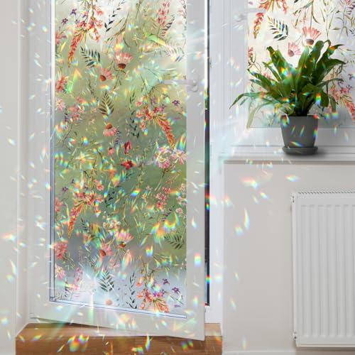 Alwayspon 28 x 100 cm nicht klebende Buntglas-Fensterfolie, UV-Regenbogen-Fensterfolie, rosa Gänseblümchen, Vinyl, statisch haftende Fensteraufkleber, abnehmbare Sichtschutzfolie für Glasfenster,
