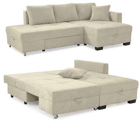 luma-Home 15215/ Ecksofa mit Schlaffunktion als Doppelbett, Beige Grau | B247/T155/H87 cm, Schwenkfunktion zur Liegefläche 183x207 cm, platzsparend, Bettkasten, seitenverkehrt montierbar, Cord-Bezug