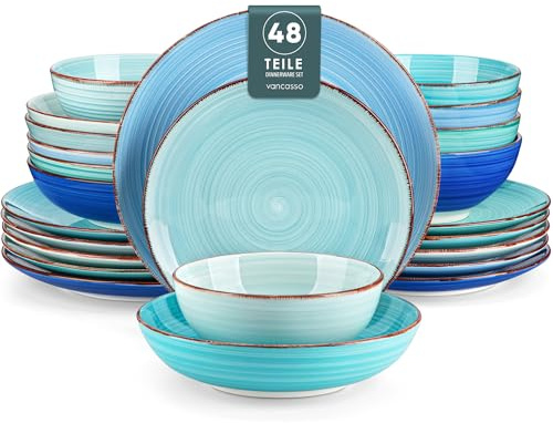 Geschirrset 12 Personen, vancasso Bonita 48tlg Tafelservice Steingut, modernes Ess Teller set und Schalen Set mit je 12 Speiseteller, Salatteller, Suppenteller und Schalen