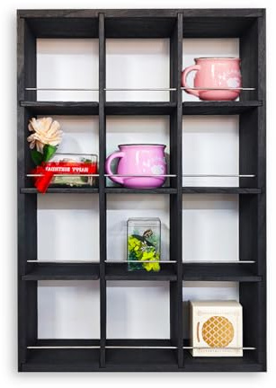 12 Grid coffee mug display shelf, 17x25 Wooden cup shelf for wall, Black | Natural Solid Wood, coffee cup display case, rustic 12 wall organizer for living rooms, kitchens, offices and coffee bars