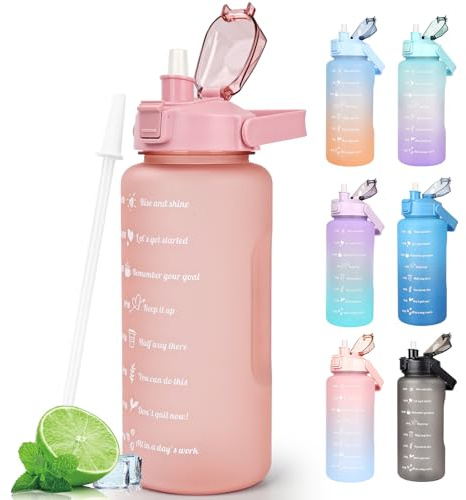 Water Bottle 2L BPA Free Sport Drinks Jug with Time Marking & Lock Cover, Leak Proof 2 Liters Water Bottle with Portable Handle, Purple Water Canteen Bottle