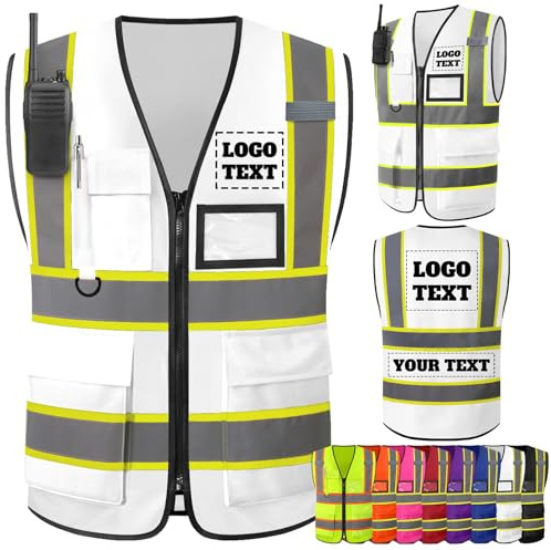 Gridachi Warnweste Sicherheitsweste mit Personalisierte Logo Text-individuellem Reflektierende,gut sichtbare,zweifarbige Arbeitsweste für Herren,Baujackenwesten mit Reißverschlusstaschen