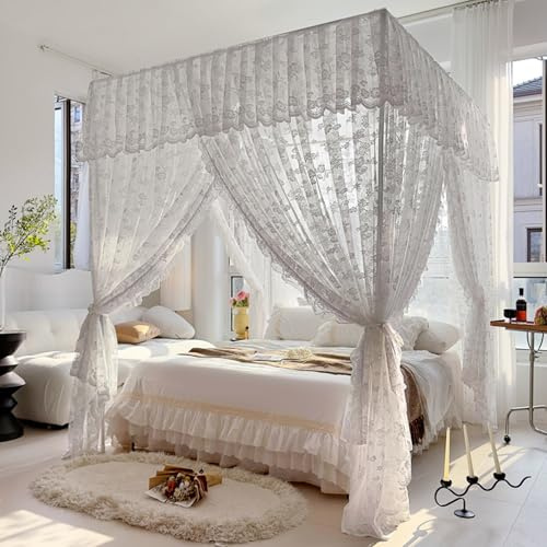 Zanzariera per Letto Matrimoniale, Zanzariera Letto Quadrata, Trasparente Tenda Letto Pizzo Zanzariere Tenda, Decorazione da Principessa White 150 x 200cm