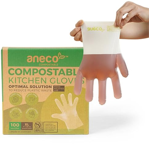 ANECO 100% Compostable Gloves for Cooking Food Prep - Extra Large Disposable Food Prep Gloves for Kitchen - Latex & Powder-free Food Grade with BPI Certified (100 Count)