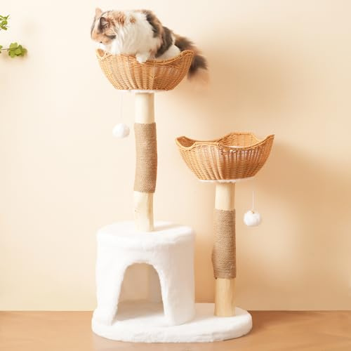 Árbol para gatos de madera maciza de 108 cm, con pelota de peluche y cojín grueso, árbol rascador sostenible para gatos grandes y gatitos, respetuoso con el medio ambiente, sostenible (natural+blanco)