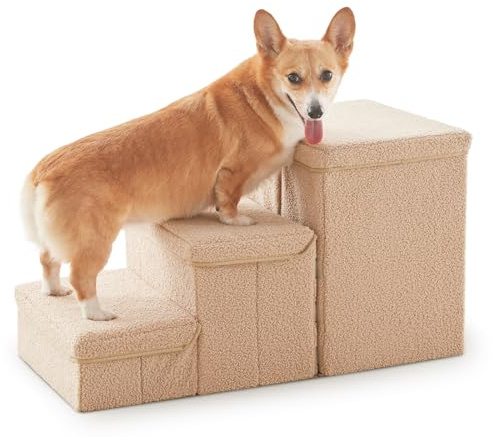 Hundetreppe mit Stauraum, 3-stufige stabile Hundetreppe für kleine, mittelgroße oder große ältere Hunde und Katzen, zusammenklappbare Haustiertreppe, Klettersofas, hohe Betten, Fenster und Autos