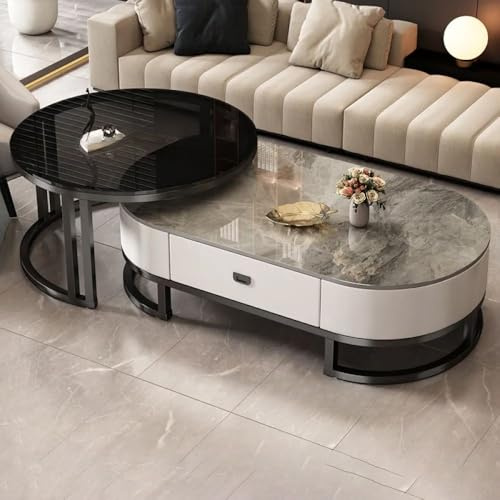 Oval sten soffbord uppsättning med 2 – modernt vardagsrum mittbord med förvaringslåda glasbord – svart/grå/vit (119 cm L x 59 cm B x 40 cm H) + (80 cm L x 80 cm B x 45 cm H)