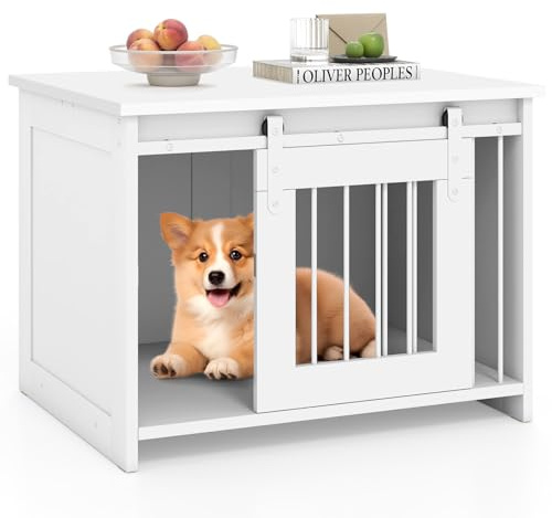 GOPLUS Hundekäfig Holz, 80 cm Hundebox für Zuhause mit Schiebetür, Hundehütte stabil mit Metall, abschließbares Hundehaus Indoor, Haustierkäfig Beistelltisch 80 x 60 x 60 cm (Weiß)