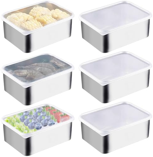 Lot de 6 boîtes de conservation alimentaire en acier inoxydable, contenants à goûter de 1100 ml avec couvercles, boîtes à lunch empilables pour conserver les repas au réfrigérateur ou au congélateur