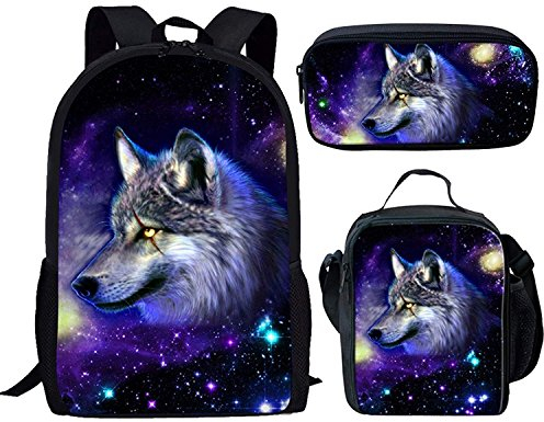 HUGS IDEA Shark Rucksack Set für Kinder Jungen 3-teilig Schulranzen mit Thermo-Lunchbox Federmäppchen, Galaxy Wolf 1 Musterset, 17 inch (3PCS Set), Taschen-Organizer